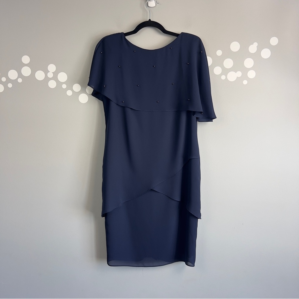 Patra Petite Mother of the Bride Navy Chiffon Dress Size 8P Beaded